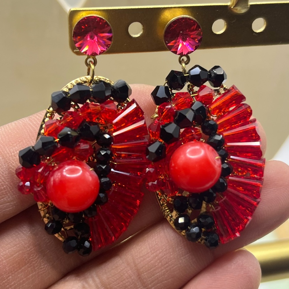 Vintage Victorian Inspired Red Black Gold Earrings
